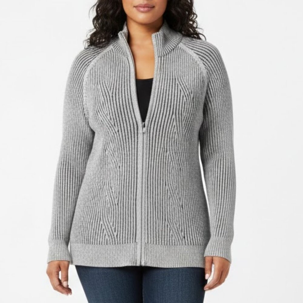 INC Women's Grey 100% Cotton Quilted Ribbed Mock Neck Zip Sweater Jacket Sz L